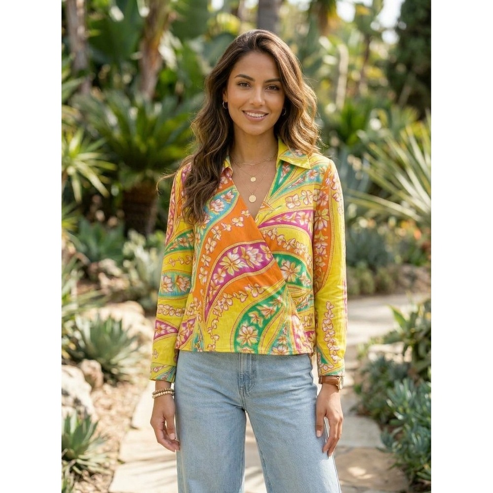 Haute Hippie Style Yellow Paisley Floral Wrap Top Long Sleeve Rayon Small NWT